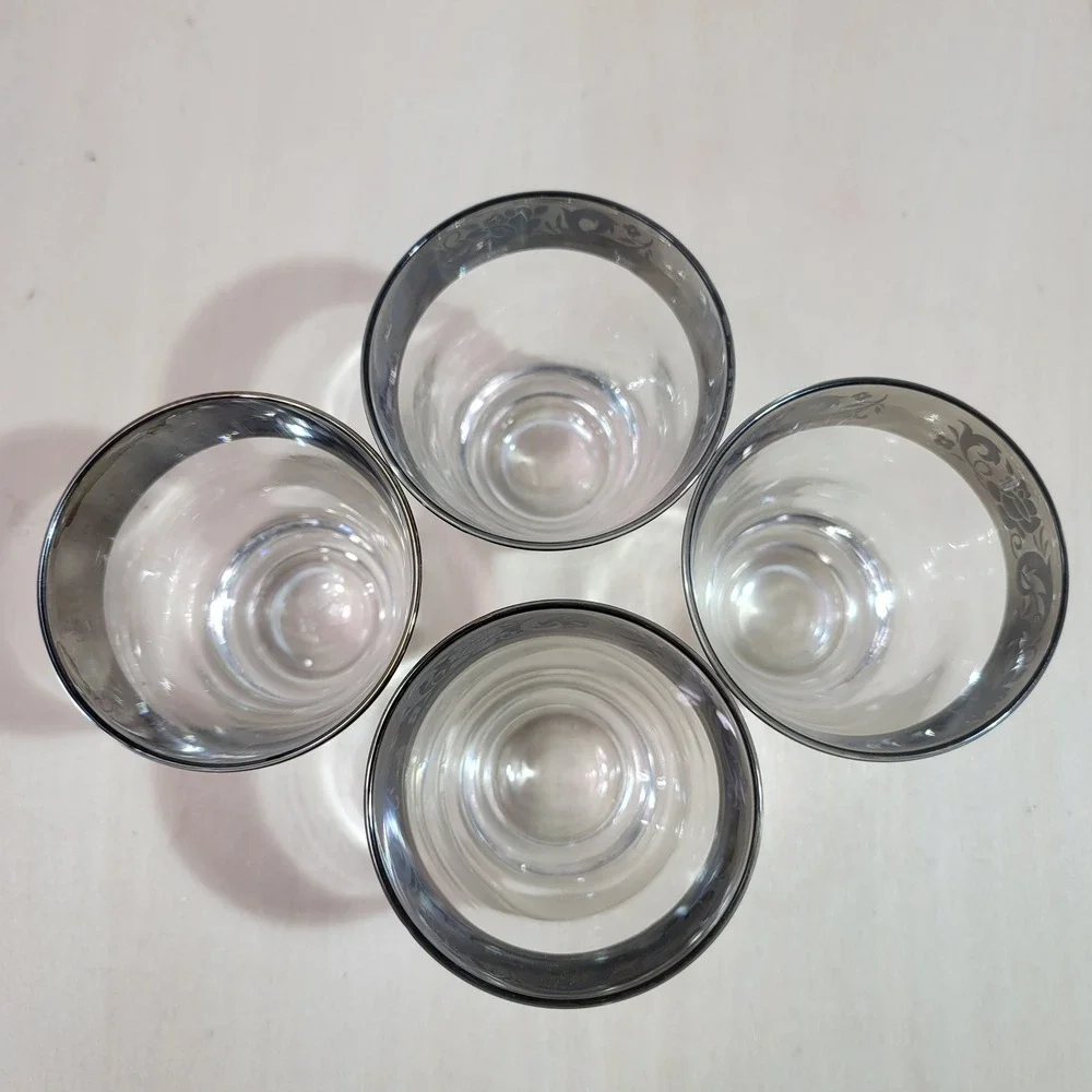 Set of 4 Clear Glass Tumblers with Silver Floral‎ Overlay Rim